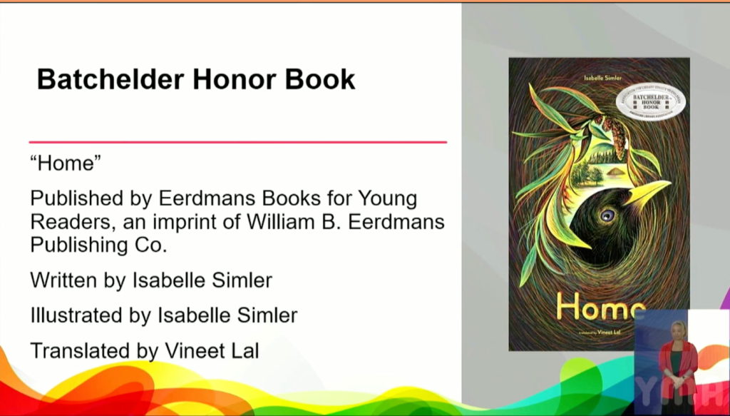 Screenshot from video. Image of Home. It says that it is published by Eerdmans Books for Young Readers and lists the creators.