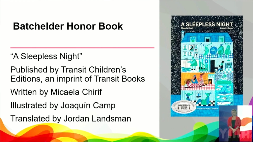 Screenshot from video. Image of A Sleepless Night. It says that it is published by Transit Children's Editions, and Imprint of Transit books and lists the creators.